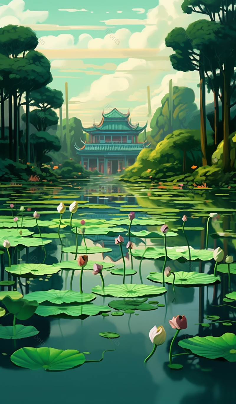 日出唯美绿色夏至池塘的荷叶风景清新插画背景,插画/手绘图,插画/手绘图库,插画/手绘图下载,插画/手绘
